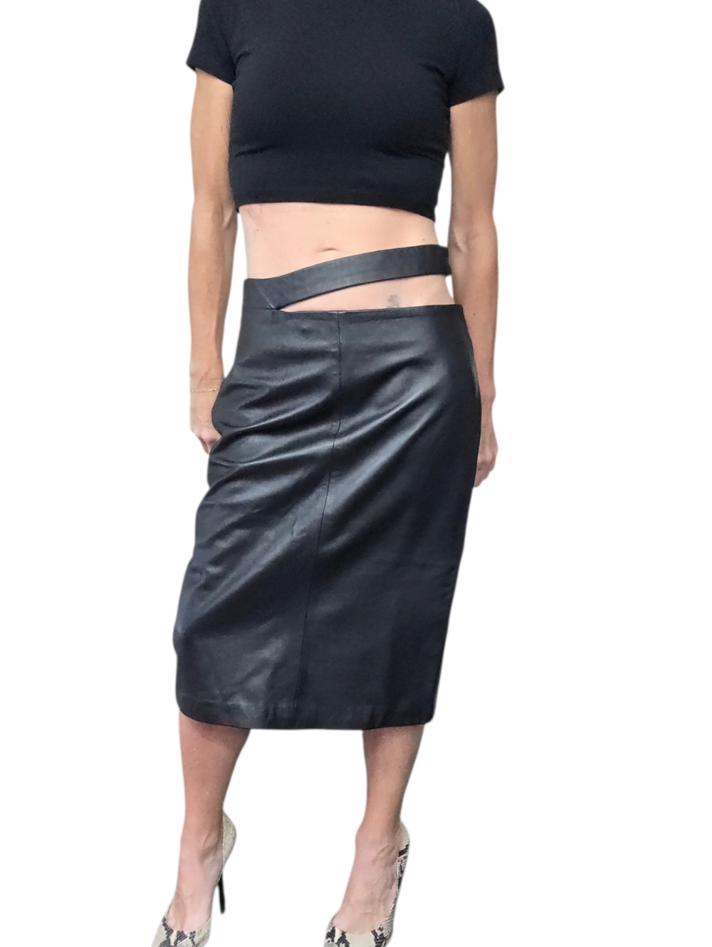 ZARA NWT Real Leather Midi Skirt Cutout Waist Black Pencil Slit S